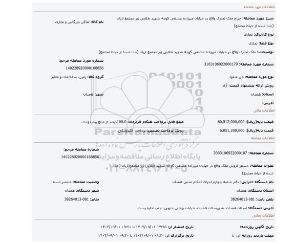 مزایده، ملک تجاری واقع در خیابان میرزاده عشقی کوچه شهید طلایی زیر مجتمع اریان (جدا شده از حیاط مجتمع)