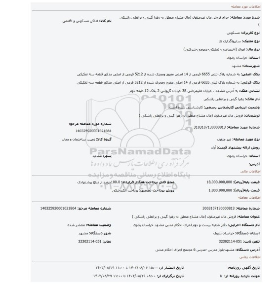 مزایده، فروش مال غیرمنقول (مال مشاع متعلق به زهرا گیتی و براتعلی راشکی )