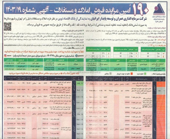 190 اُمین مزایده فروش املاک و مستغلات