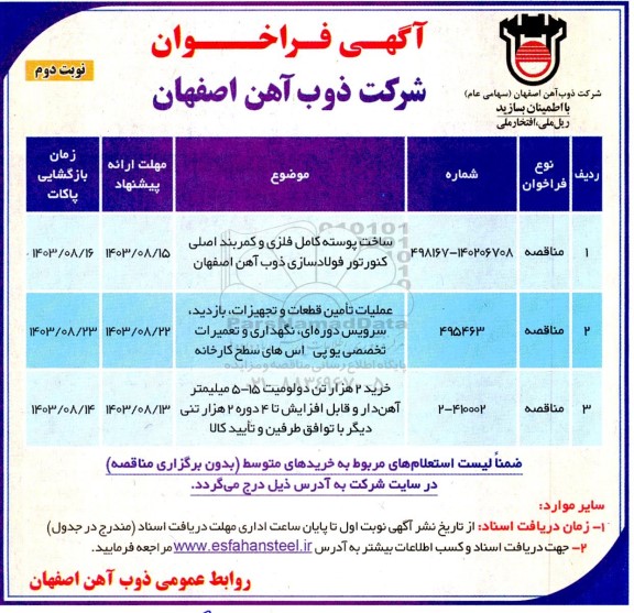 مناقصه ساخت پوسته کامل فلزی و کمربند اصلی ... - نوبت دوم 