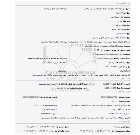 مزایده، واحد تجاری مغازه (ملکیت و سر قفلی )
