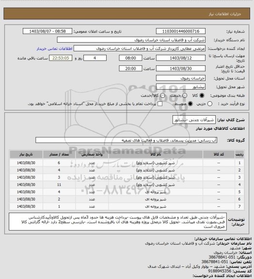 استعلام شیرآلات چدنی -نیشابور