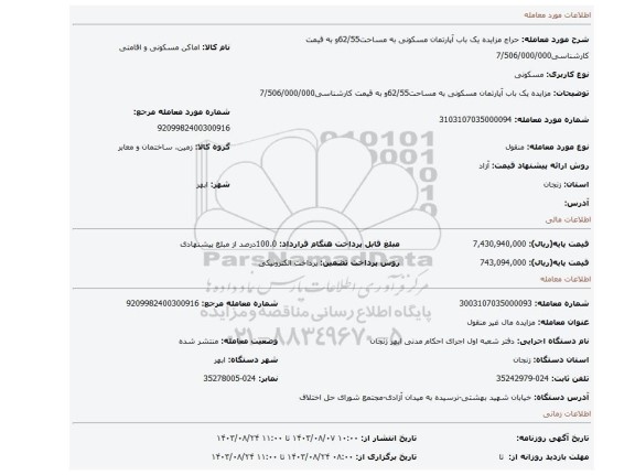 مزایده، مزایده یک باب آپارتمان مسکونی به مساحت62/55و به قیمت کارشناسی7/506/000/000