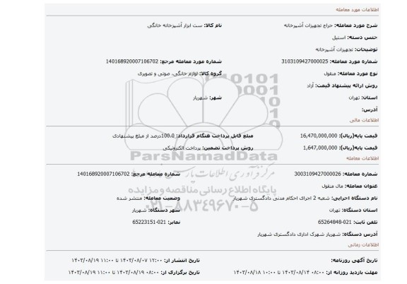 مزایده، تجهیزات آشپرخانه