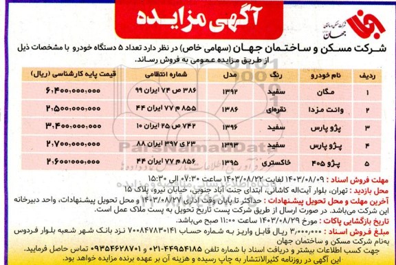 مزایده فروش تعداد 5 دستگاه خودرو 