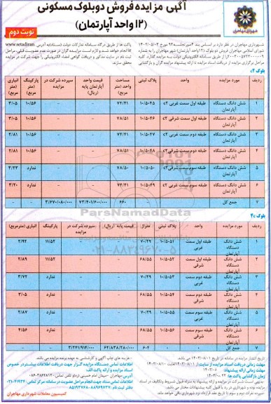 مزایده فروش دو بلوک (12 واحد آپارتمان) با متراژ مجموع 660 و 604 مترمربع- نوبت دوم