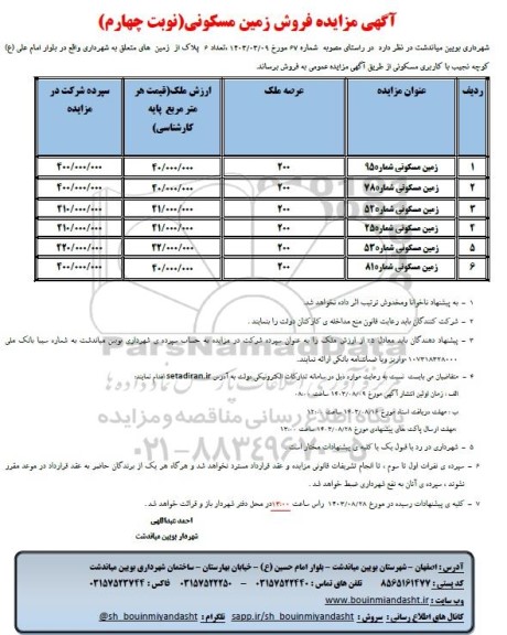 مزایده فروش تعداد 6 پلاک زمین، کاربری مسکونی - نوبت چهارم