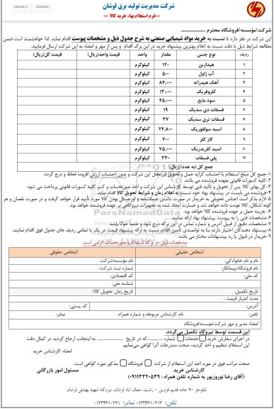 استعلام خرید مواد شیمیایی صنعتی ...