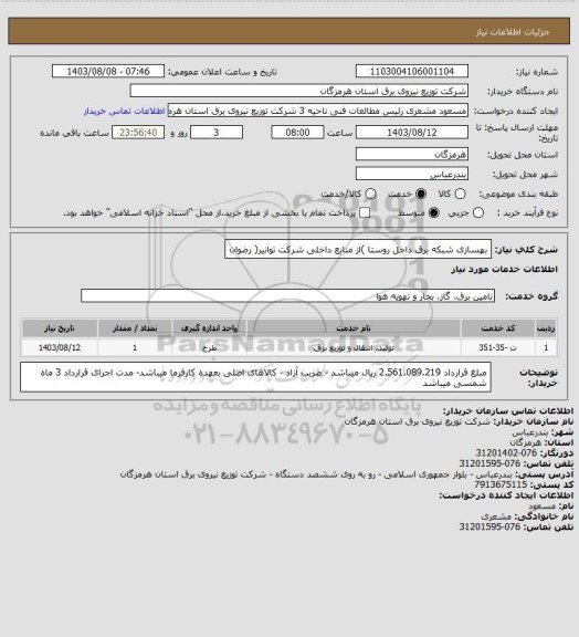 استعلام بهسازی شبکه برق داخل روستا )از منابع داخلی شرکت توانیر( رضوان