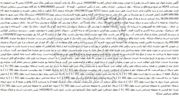 مزایده شش دانگ یک واحد آپارتمان مسکونی پلاک ثبتی 1/3140 بخش 9 ثبت اصفهان 
