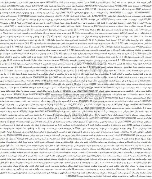 مزایده پلاک ثبتی 40 فرعی از 7693 اصلی ( شماره چهل فرعی از هفت هزار و ششصد و نود و سه اصلی)