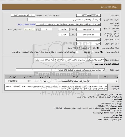 استعلام 260متر لوله پلی اتیلن  آبده درون چاهی 4 اینچ ( PN=25 )
با کلیه اتصالات تمام استیل