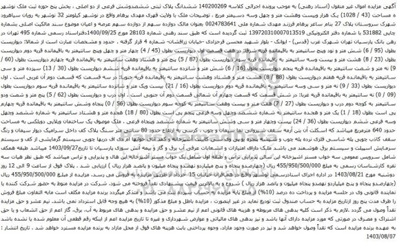 مزایده ششدانگ پلاک ثبتی ششصدوشش فرعی از دو اصلی ، بخش پنج حوزه ثبت ملک نوشهر