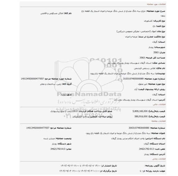 مزایده، سه دانگ مشاع از شش دانگ عرصه و اعیان اشجار یک قطعه باغ زیتون