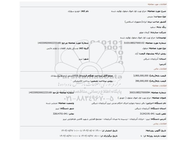 مزایده، حراج نوبت اول اموال منقول توقیف شده