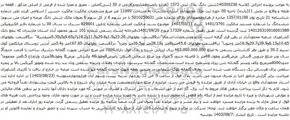 مزایده شش دانگ پلاک ثبتی 1572 (هزارو پانصدوهفتادودو)فرعی از 30 (سی)اصلی