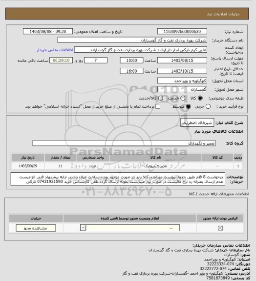 استعلام شیرهای اضطراری