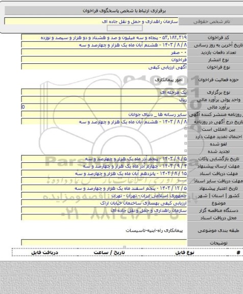 مناقصه, ارزیابی کیفی بهسازی ساختمان خیابان اراک