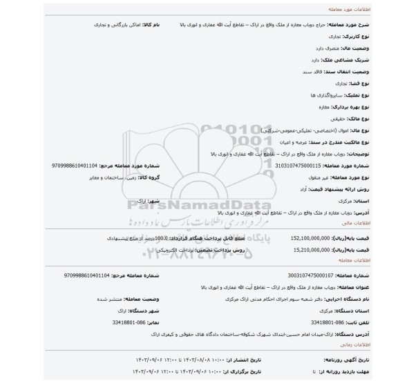 مزایده، دوباب مغازه از ملک واقع در  اراک – تقاطع آیت الله غفاری و انوری بالا