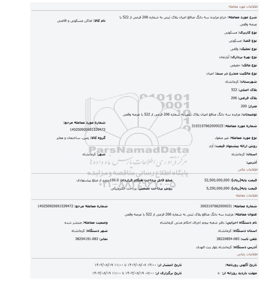 مزایده، مزایده سه دانگ منافع اعیان پلاک ثبتی  به شماره 206 فرعی از 522 با عرصه وقفی