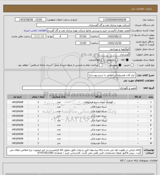 استعلام ابزار آلات هیدرولیکی(مطابق با شرح پیوست)