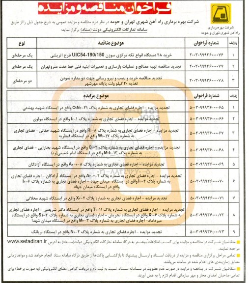 مناقصه و مزایده خرید 28 دستگاه انواع تکه مرکزی سوزن UIC54-190/150 طرح اتریشی و ... 