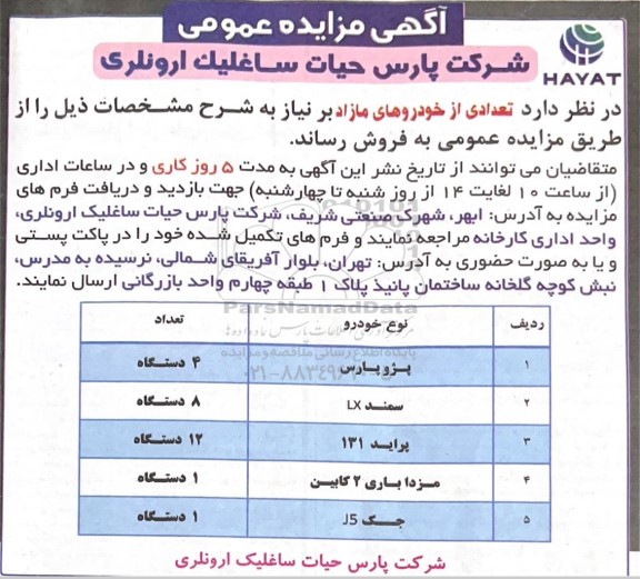 مزایده فروش تعدادی از خودروهای مازاد بر نیاز