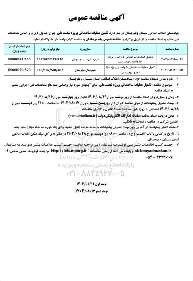 مناقصه عمومی تکمیل عملیات ساختمانی 50 واحد از پروژه 150 واحدی....