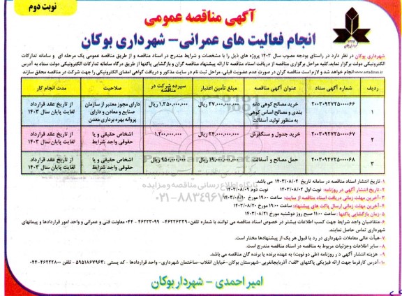 مناقصه انجام فعالیت های عمرانی... نوبت دوم