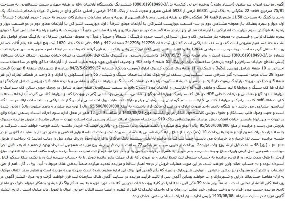 مزایده ششدانگ یکدستگاه آپارتمان واقع در طبقه چهارم سمت شمالغربی به مساحت 75/81 مترمربع قطعه 22 تفکیکی