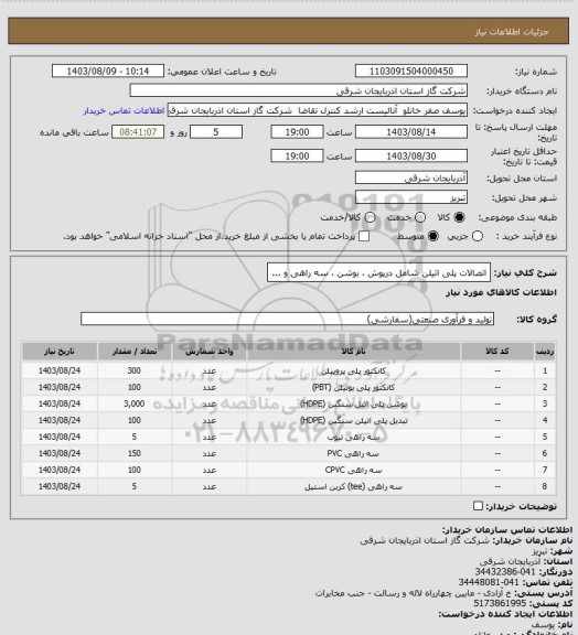 استعلام اتصالات پلی اتیلن شامل درپوش ، بوشن ، سه راهی و ...