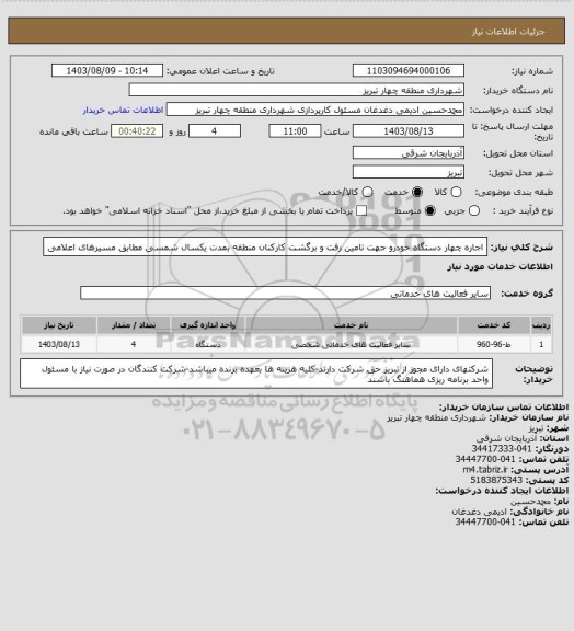 استعلام اجاره چهار دستگاه خودرو جهت تامین رفت و برگشت کارکنان منطقه بمدت یکسال شمسی مطابق مسیرهای اعلامی