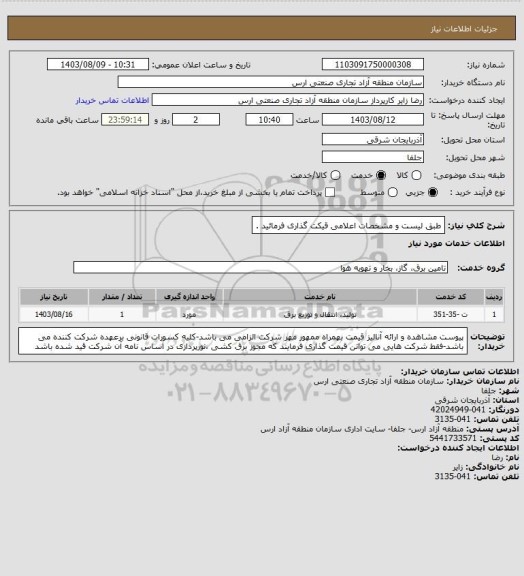 استعلام طبق لیست و مشخصات اعلامی قیکت گذاری فرمائید .