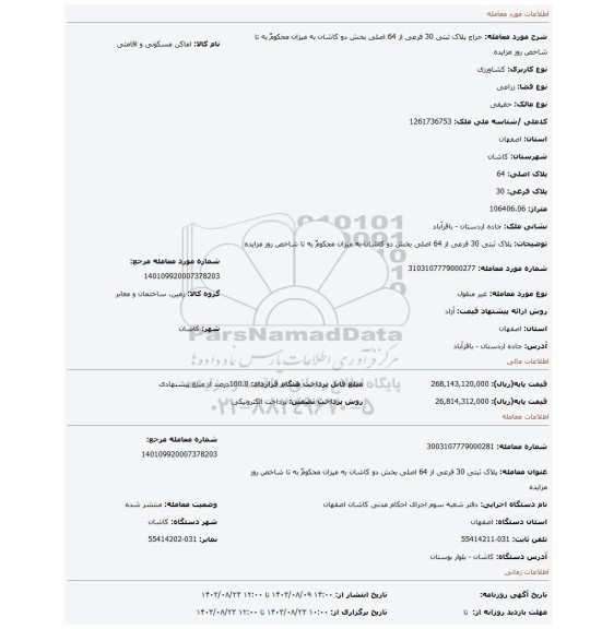 مزایده، پلاک ثبتی 30 فرعی از 64 اصلی بخش دو کاشان به میزان محکومٌ به تا شاخص روز مزایده