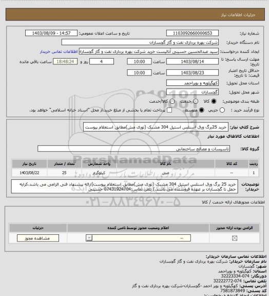 استعلام خرید 25برگ ورق اسنلس استیل 304 مشبک (توری مش)مطابق استعلام پیوست
