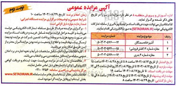 مزایده آشپزخانه سمنگان...- نوبت دوم