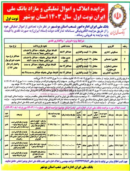 مزایده فروش تعدادی از اموال تملیکی