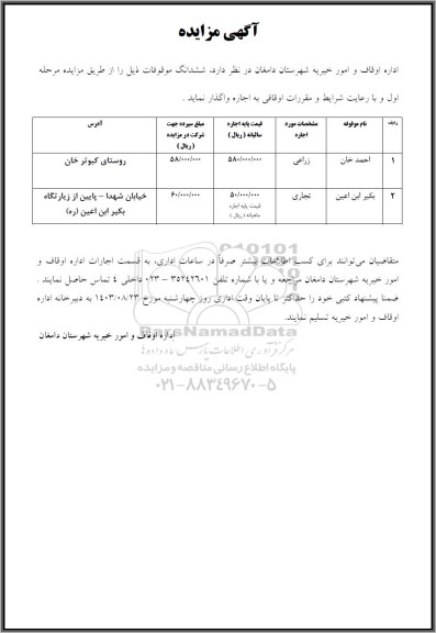 مزایده اجاره دو ملک زراعی و تجاری