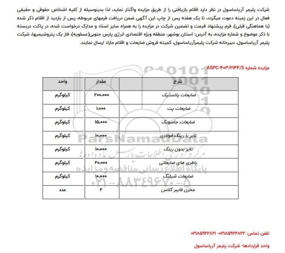 مزایده فروش اقلام بازیافتی