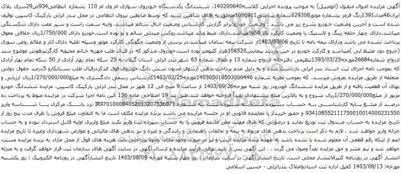 آگهی مزایده ششدانگ یکدستگاه خودروی سواری ام وی ام 110