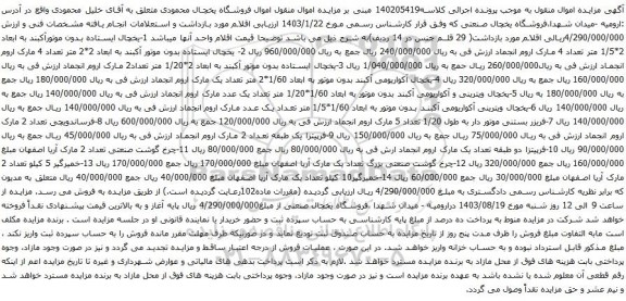 آگهی مزایده 1-یخچال ایستاده بدون موتورآکبند به ابعاد 2*1/5 متر تعداد 4 مارک اروم انجمادو...