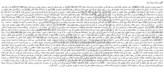 مزایده فروش 310سهم مشاع از 2783سهم از ششدانگ پلاک ثبتی 1382فرعی ا ز21اصلی