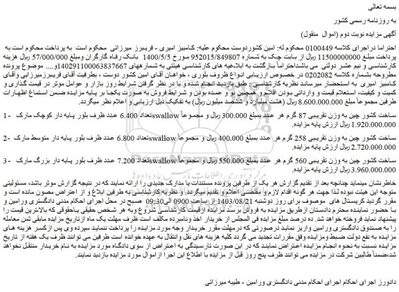 مزایده فروش تعداد 6.400 عدد ظرف بلور پایه دار کوچک و...