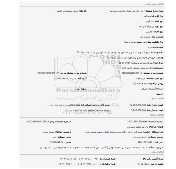 مزایده، مال غیر منقول مشاعی(نوبت اول)
