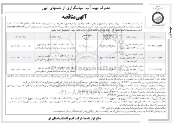 مناقصه عملیات احداث بخشی از شبکه توزیع آب 560 هکتاری...