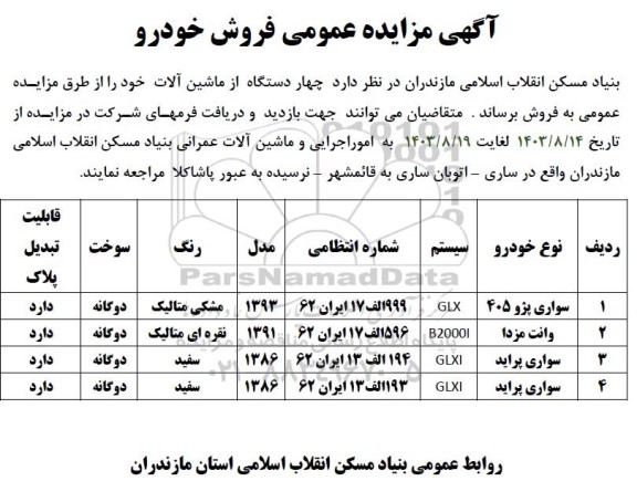 مزایده فروش چهار دستگاه ماشین آلات