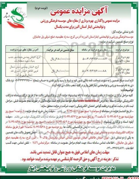 مزایده عمومی واگذاری بهره برداری از مغازه های موسسه- نوبت دوم