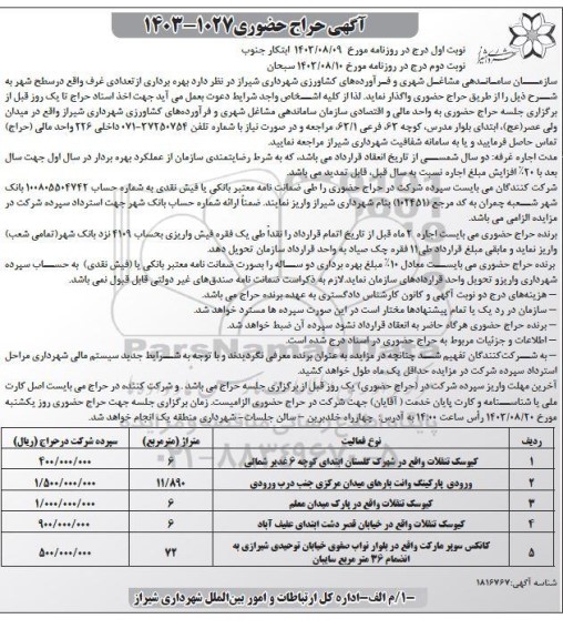 حراج حضوری بهره برداری از تعدادی غرف  - نوبت دوم
