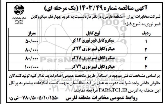 مناقصه خرید چهار قلم میکروکابل فیبر نوری