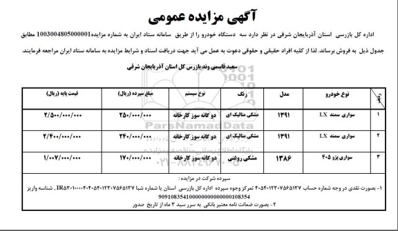 مزایده سه دستگاه خودرو سمند و پژو 405